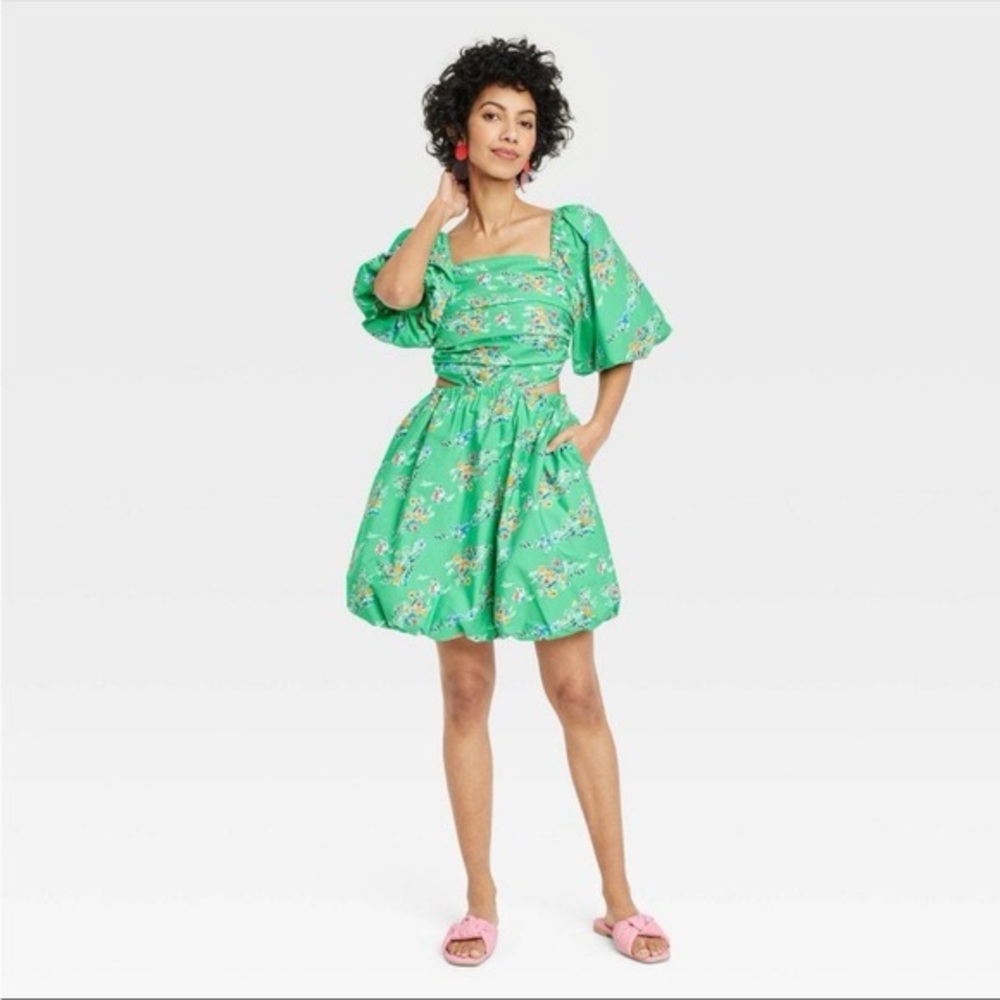 A new day Puff Short Sleeve Cut Out Bubble A-Line Dress floral Green‎ size large